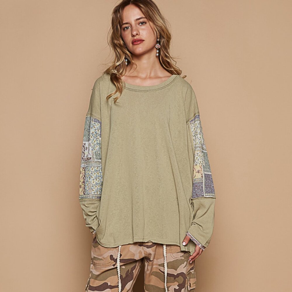 54. NWOT POL Olive Green Patchwork Long Sleeve Tee